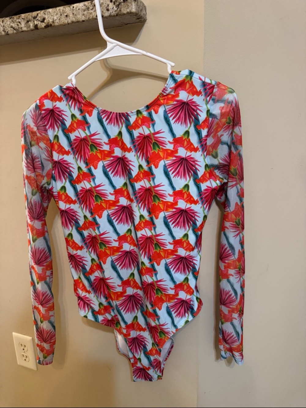 Long-Sleeve Floral One-Piece Swimsuit - Pink & Teal Accents